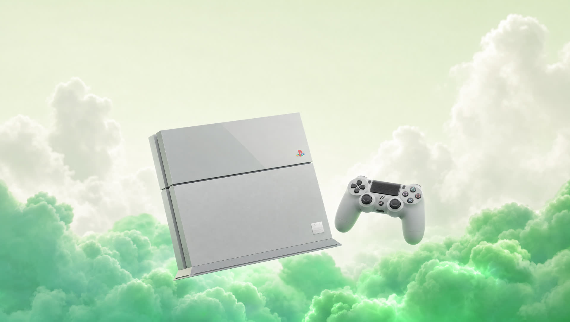 PS4 edição 20 anos cinza com o controle flutuando sobre nuvens verdes