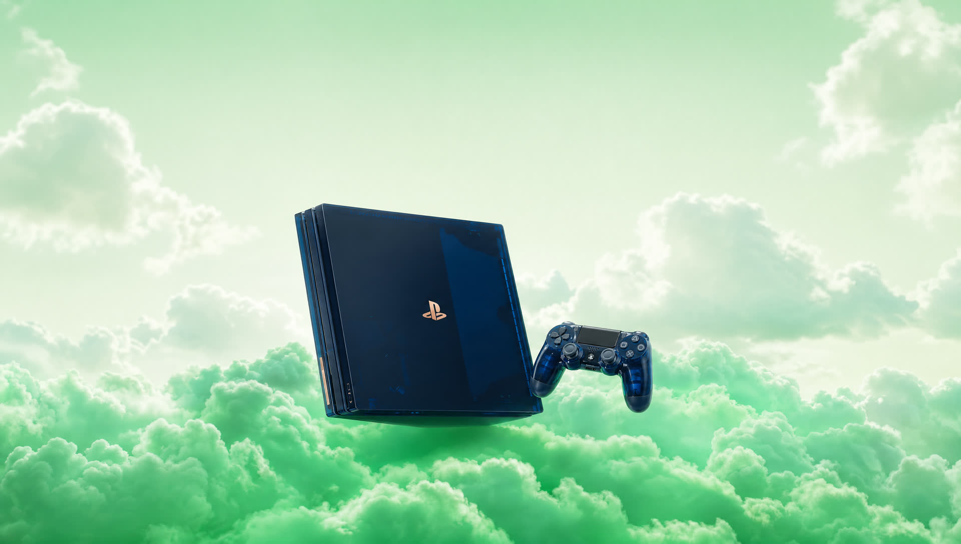PS4 Pro 500 Million azul translúcido flutuando sobre nuvens verdes