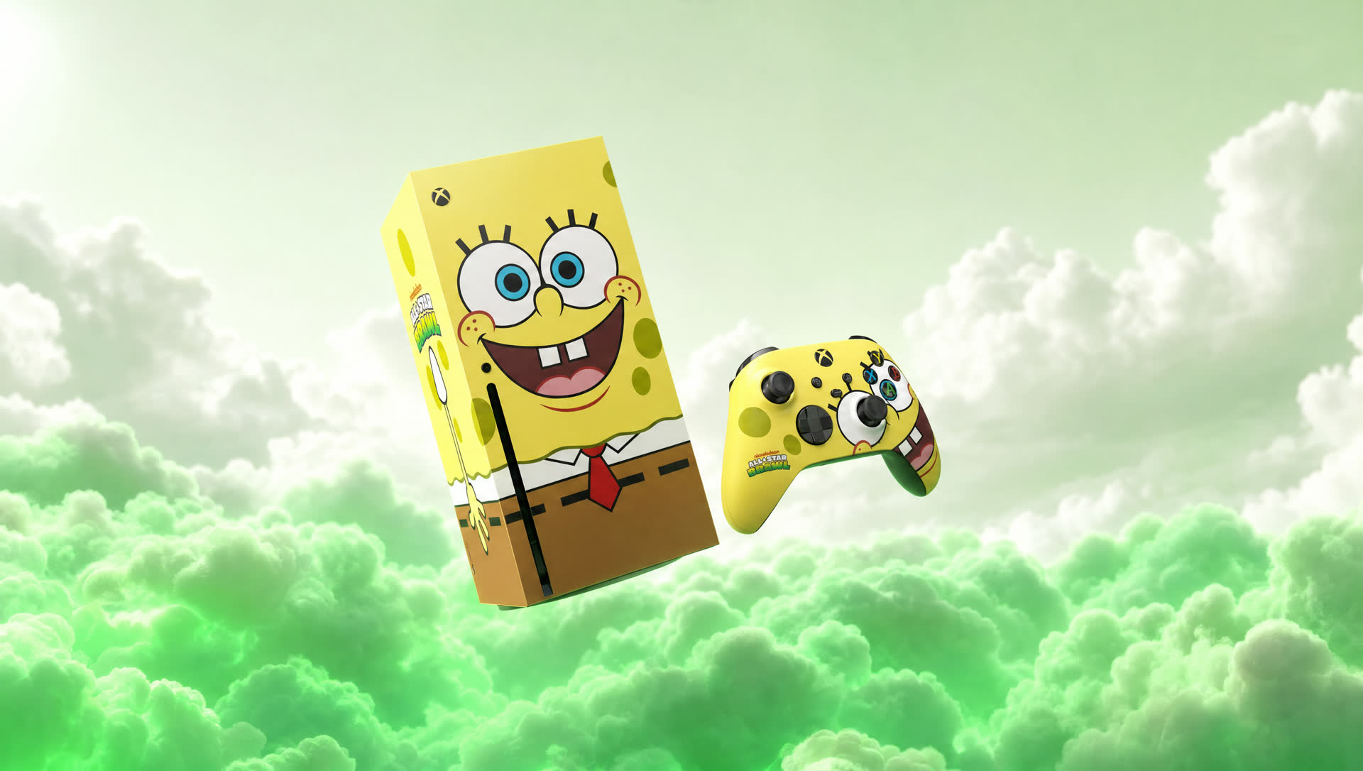 Xbox Series X edição especial amarela com o controle flutuando sobre nuvens verdes